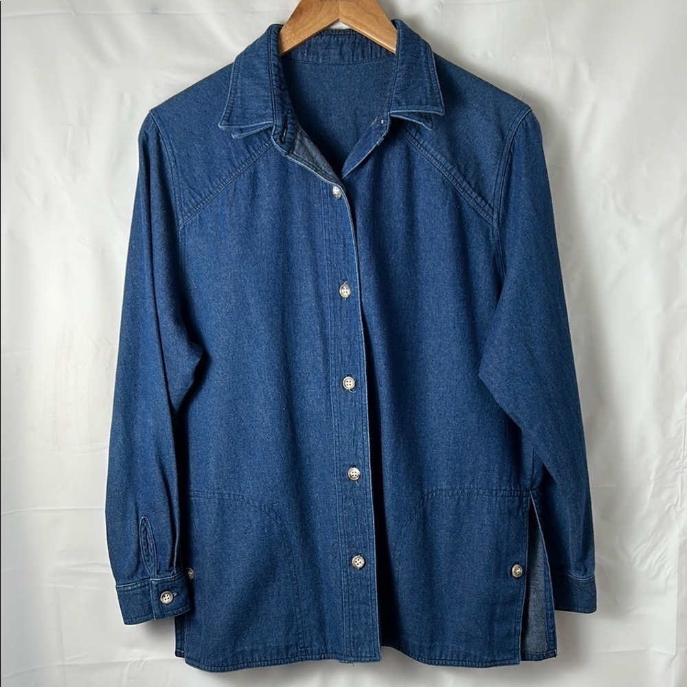 Blue Denim Button Front Shirt Jacket Shacket Women’s Large Classic Casual